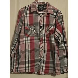 Figo Men's Plaid Button Down Shirt - Red Black White - Size Large - Long Sleeve